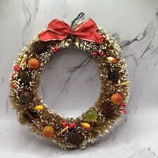 Vintage 1950’s Flocked Bottle Brush Christmas Wreath With Fruit & Pine cones 8.5 picture