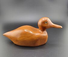 Vtg Hand Carved Wooden Duck Solid Wood w/Glass Eyes SIGNED 6