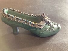 Victorian Style 4” RESIN Pump Shoe Low Heel, GREEN & Blue Bow/Rhinestone, Decor picture
