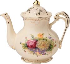 Tea Pot, Ivory Ceramic Vintage Teapot with Gold Leaves Edge Cute Handpaint Gift picture