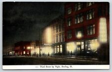 Sterling Illinois~Third Street Night Lights~Wallace Lodge Rooming House~c1908 picture