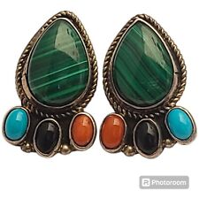 SPARKLING VINTAGE NATIVE AMERICAN NAVAJO MALACHITE STERLING SILVER EARRINGS picture