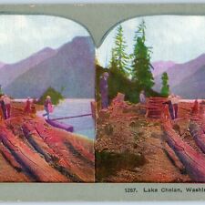 c1900s Lake Chelan WA Litho Photo Stereo Card Big Bend Country Columbia River V8 picture