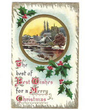 c1911 Best Wishes For Merry Christmas Lake Holly Branch Embossed Postcard POSTED picture