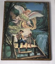 Vintage Litho Print On Wood Guardian Angel Protecting Children Bridge Plaque picture