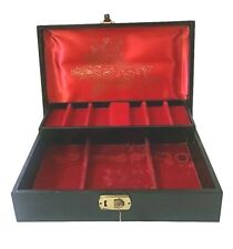 VTG MCM Black & Gold-tone Art Deco   2 Tiered Jewelry Box Red Velvet Interior picture