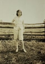 Pretty Woman With Hand On Hip Standing By Fence B&W Photograph 2.75 x 4.5 picture