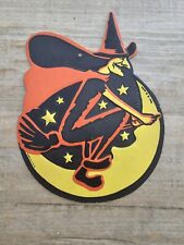 Vintage Halloween Witch on Broom by H E  Luhrs Embossed Die Cut  Made in USA picture