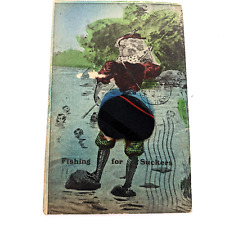 1908 Lady Find Husband Fish Suckers Men Dating Novelty Butt Postcard Cloth A175 picture