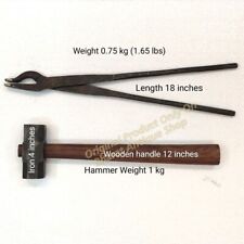 Set of 2 Black Iron Hammer Blacksmith Wooden Handle With Iron Tong Heavy Duty picture