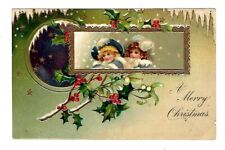 c1908 Int'l Art #776 Christmas Postcard Boy & Girl in Gold Frame, Embossed picture
