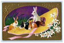 c1910's Easter Greetings Big Hat Bunny Rabbit Lily Flowers Embossed Postcard picture