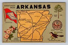 AR-Arkansas, General Map Landmark Greetings, Flag, Bird Flower Vintage Postcard picture