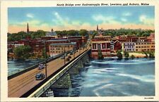 North Bridge Androscoggin River Lewiston Auburn Maine Me Linen Old Cars Postcard picture