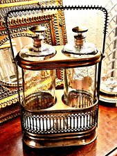 VINTAGE MUSICAL LIQUOR DECANTERS SET W/CUSTOM BRASS CARRIER- GOLD VEIN DECANTERS picture