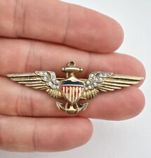 Vtg Trifari Sterling Silver WWII US Navy Rhinestones & Enamel Wings Pin Brooch picture