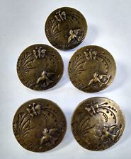 Set of 5 Vintage Antique Metal Picture Button 1976 BIRD CHASING BUTTERFLY 1