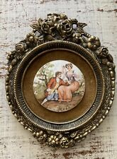 Vtg Ornate Brass Picture Frame Small Gold Floral Painted Porcelain Baroque 4.5