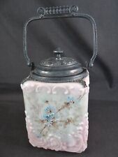 Antique Victorian SIGNED Wavecrest Glass PINK Biscuit Jar w/ Floral Decoration picture