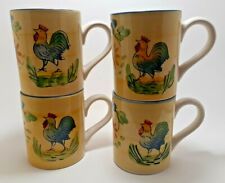 (4) Royal Norfolk Mugs - Rustic Rooster & Flower Design on Yellow w/ Blue Rims picture