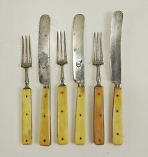 Set of 6 Antique Small Bone Handled Steel Flatware Knives Forks Child Size picture
