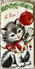 Unused Christmas Cat Kitten Play Ornament Garland Vtg Greeting Card 1950s 1960s picture