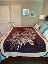 Vintage San Marcos Acrylic Reversible Roses Blanket Burgundy Size 86” X 49.5” picture