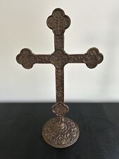 LARGE ANTIQUE ORNATE CAST IRON CROSS ENGRAVED STANDING 23