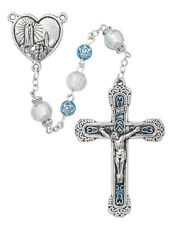 Silver Toned Our Lady of Fatima Heart Center Blue Floral Bead Rosary, 6 mm picture