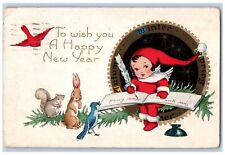 New Year Postcard Little Girl Writing Rabbit Squirrel Birds Minneapolis MN picture