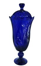Huge vtg cobalt blue art glass cut glass lidded footed jar Crystallina Poland picture