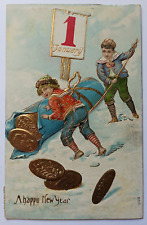 Antique 1908 A Happy New Year Boys With Roll of Gold Coins Embossed Postcard picture