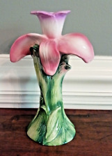 Lovely Vintage Italian Ceramic Pottery Pink Iris Flower Form Candlestick Holder picture