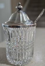 VTG  LEAD GLASS FOSTORIA JAM JAR WITH SILVER PLATED LID AND SPOON 6