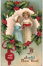 Happy New Year Girls Framed In Holly Sing Hymns Embossed Nice 1910  picture