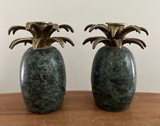 Vintage Pair of Solid Green Marble Brass Pineapple Candle Holders Made in Taiwan picture