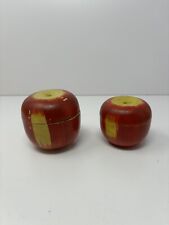 2 VTG Wooden Lidded Apple Shaped Boxes Treen With Miniature Tea Set Inside picture
