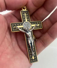 Gold Tone Enamel St Benedict San Benito Devotional Medal Cross Crucifix 3 In picture