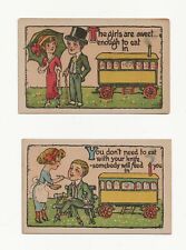 2 Small Vintage Postcards ** LITTLE TRAINS  * COMIC & ROMANTIC picture