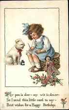TUCK Birthday Children Series 195 Little Girl Doll & Dog c1910 Postcard picture