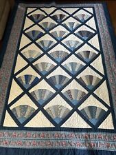 Vtg Grandmother's Fan Quilt Blues & Florals   100 x 70” Beautifully Quilted picture
