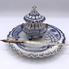 Antique Chinoiserie Inkwell w/ Ferris & Willis Mother of Pearl Dip Pen #3Nib/hge picture