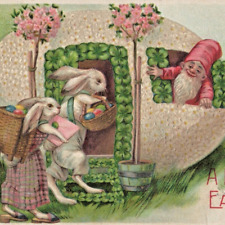 1910 Easter Rabbit Bunny Gnome Dwarf Egg House Anthropomorphic Embossed Postcard picture