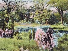 C 1910 Waverly Oaks MA Pink Flowering Trees Pond Tinted DB Vintage Postcard  picture