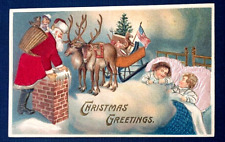 Patriotic~SILK Santa Claus w/ Children~USA FLAG~Chimney~ Christmas Postcard~k249 picture