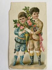 Vintage reward of merit card~two Edwardian boys~knee pants~boots~pink roses~vase picture