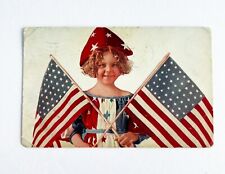 c1907 Postcard Smiling Girl in Patriotic Dress & Hat Holding US Flags posted picture