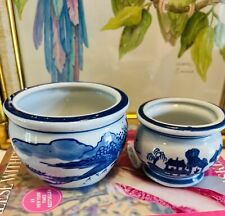 2 Vintage Petite Chinese Landscape Planters, Blue & White Ceramic, Chinoiserie picture
