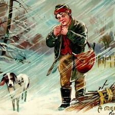 Antique Christmas Postcard Man Lighting Pipe Dog Fire Bundle Cabin Windy Snowy picture