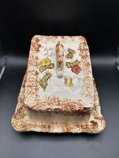 Beautiful Antique Vintage 1930’s Floral ￼Covered Cheese/Butter Dish Brown/white picture